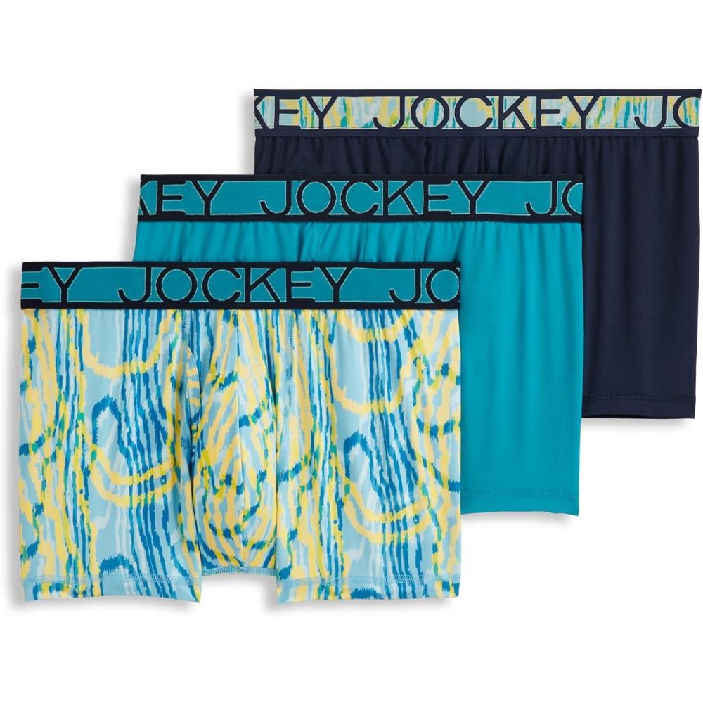 imageJockey Mens Underwear Active Microfiber 25quot Trunk 3 PackNorthern LightPsychedelicTrue Navy