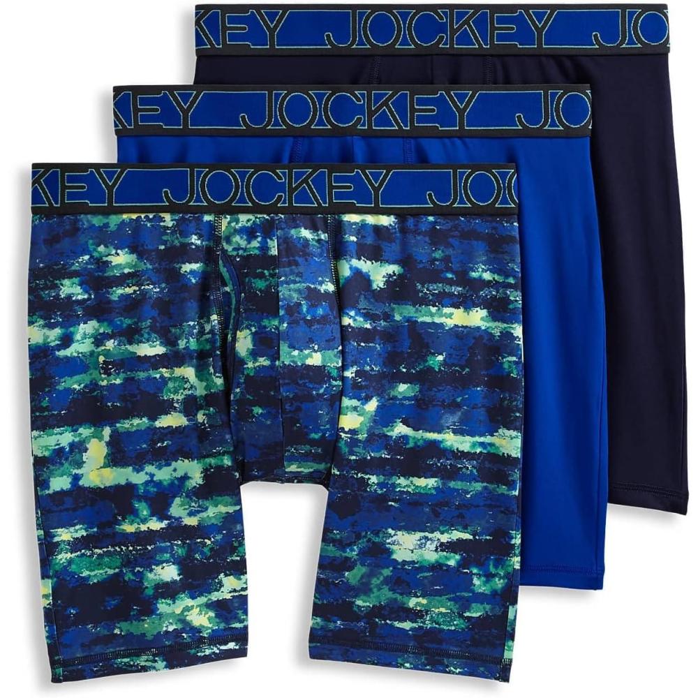 imageJockey Mens Underwear Active Microfiber 9quot Long Leg Boxer Brief  3 PackBluest BlueSmoky Stripe BluesTrue Navy