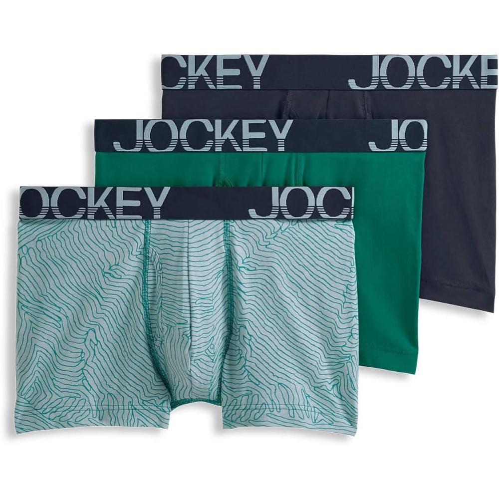 imageJockey Mens Underwear ActiveStretch 4quot Boxer Brief 3 PackTrue NavyWanderlust LinesRainforest Green