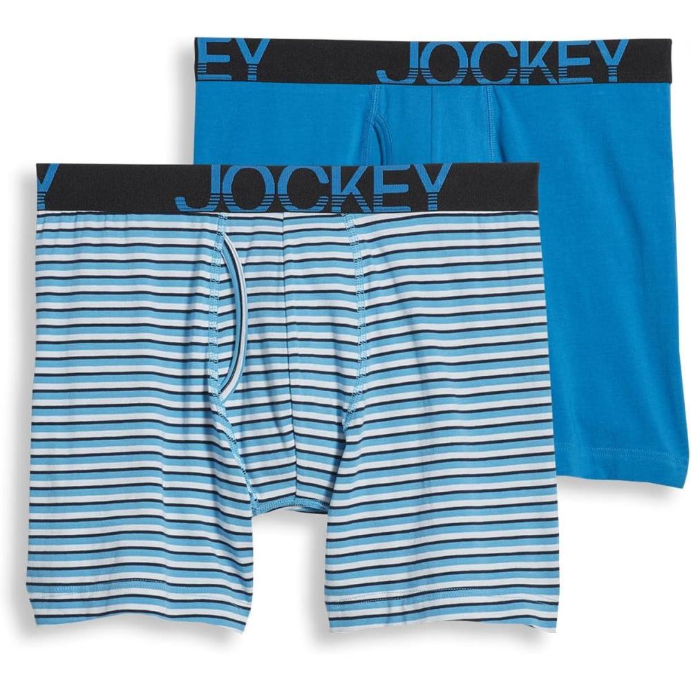 imageJockey Mens Underwear Big Man ActiveStretch Long Leg Boxer Brief 2 PackCool White and Blue StripeTurquoise Gem