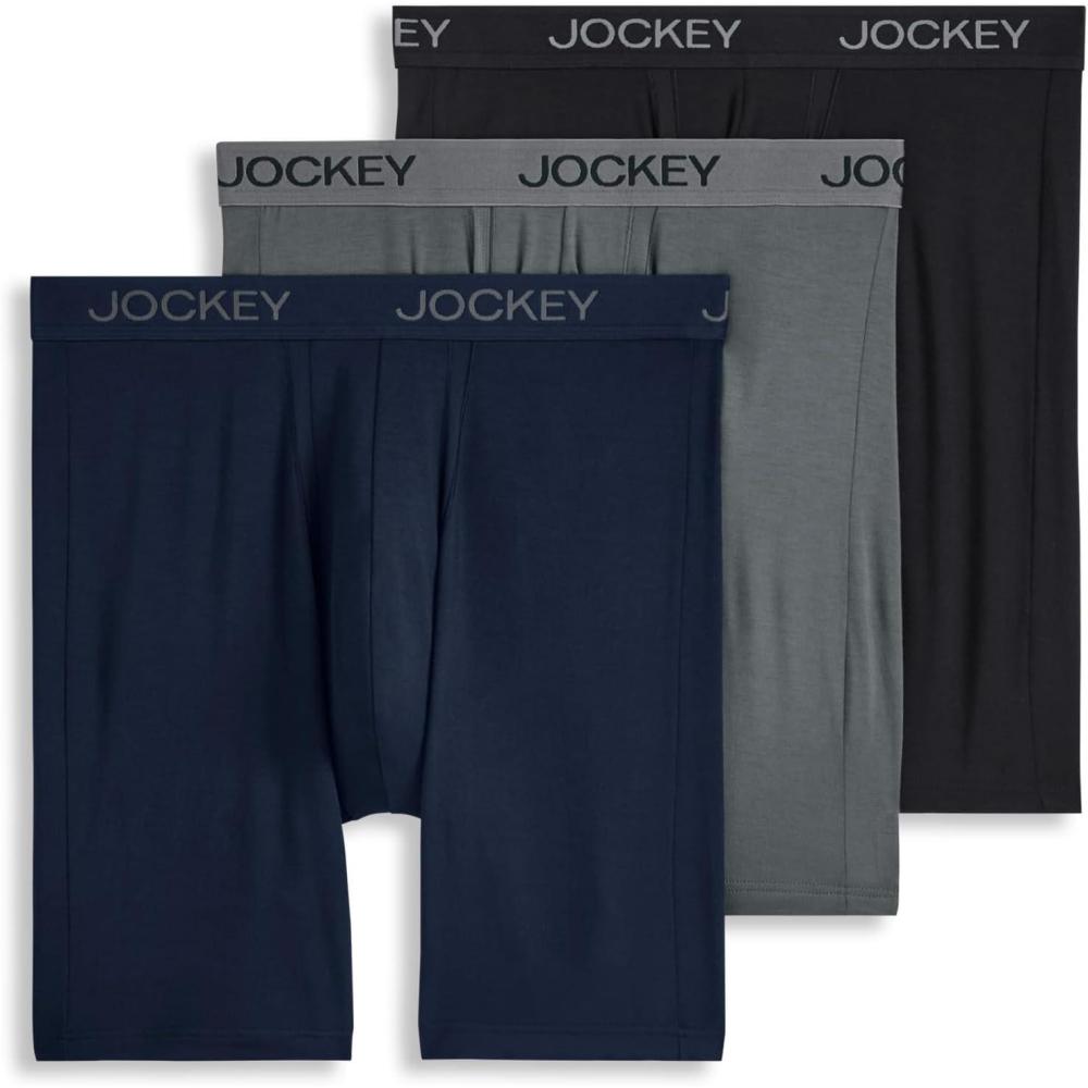 imageJockey Mens Underwear Chafe Proof Pouch Ultra Soft Modal 85quot Long Leg Boxer Brief  3 PackTrue NavyBattleship GreyBlack