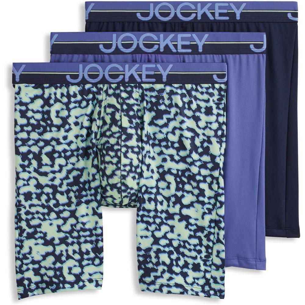 imageJockey Mens Underwear Infinite Cool Microfiber Stretch 8quot Long Leg Boxer Brief 3 PackStumbling StencilsTrue NavyFuture Dusk