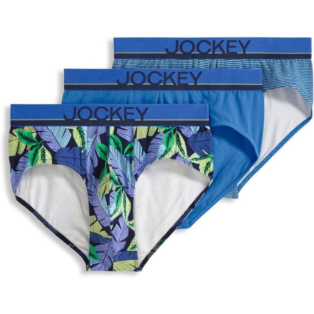 imageJockey Mens Underwear True Style Brief 3 PackFanning FloraTrue BlueFrolic Stripe