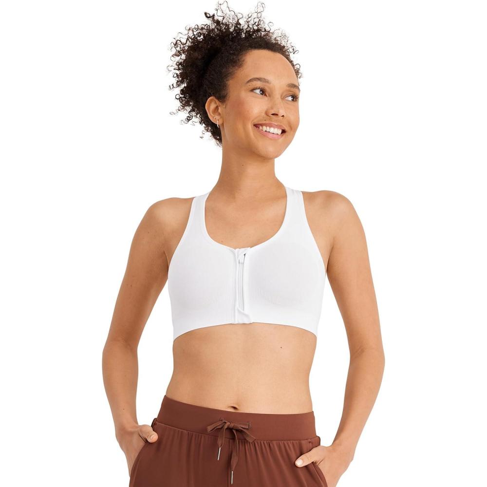 imageJockey Womens Bra Seamfree Mid Impact Zip Front Sports BraWhite Snow