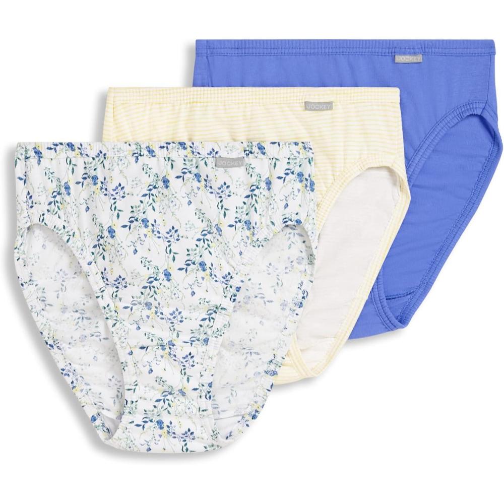 imageJockey Womens Underwear Plus Size Elance French Cut 3 PackIris BlueTender Yellow StripeDainty White Florals