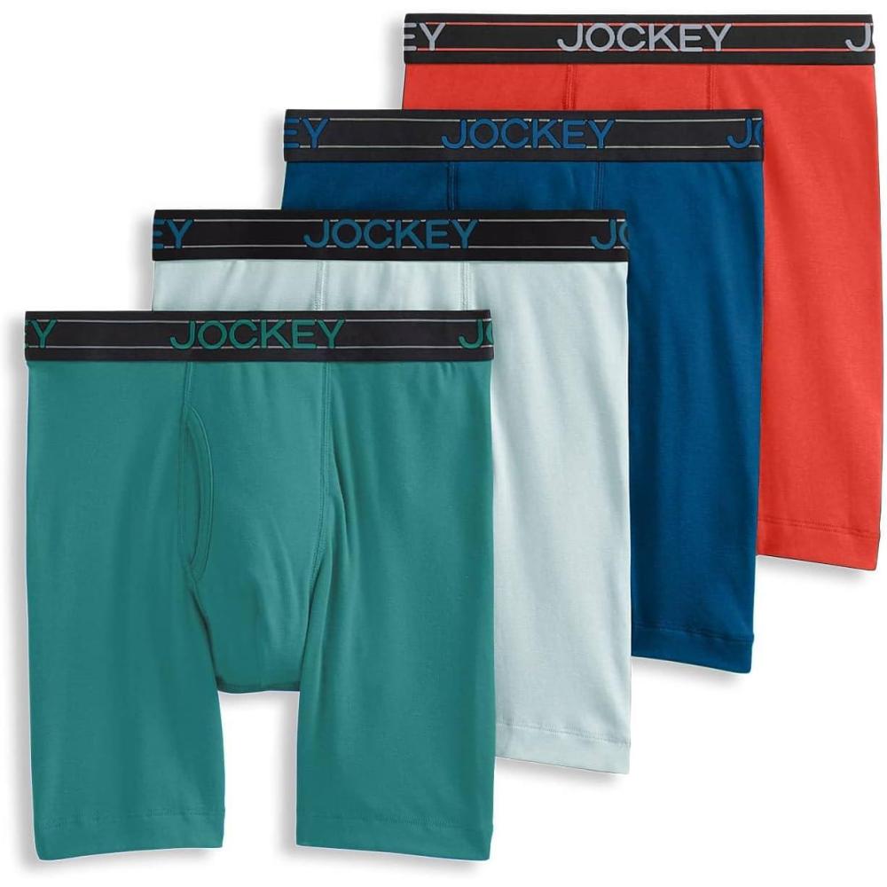 imageJockey Mens Underwear Lightweight Cotton Blend 7quot Long Leg Boxer Brief 4 PackTropical CoralBayou HeatherSubtle MintAzurite Sea