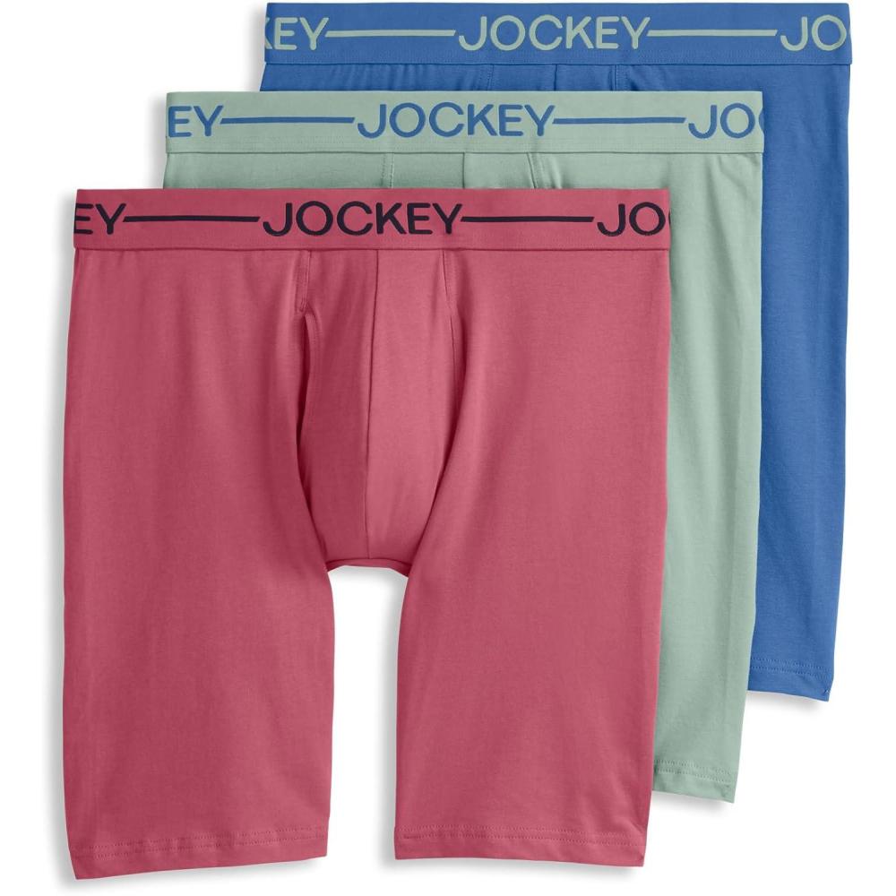 imageJockey Mens Underwear Organic Cotton Stretch 95quot Long Leg Boxer Brief 3 PackCeladon ZenTrue BlueMalibu Red