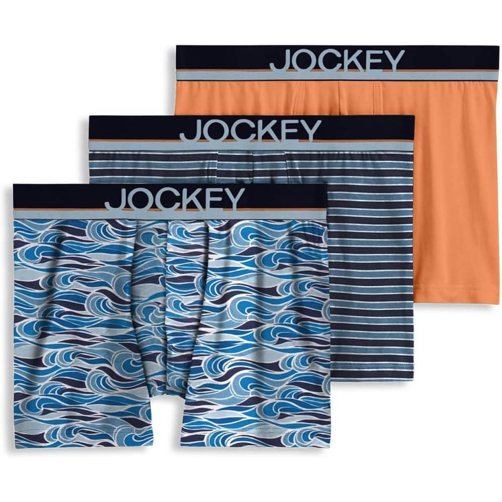 imageJockey Mens Underwear True Style 4quot Trunk 3 PackBlue CurrentBonfireChambray Stripe