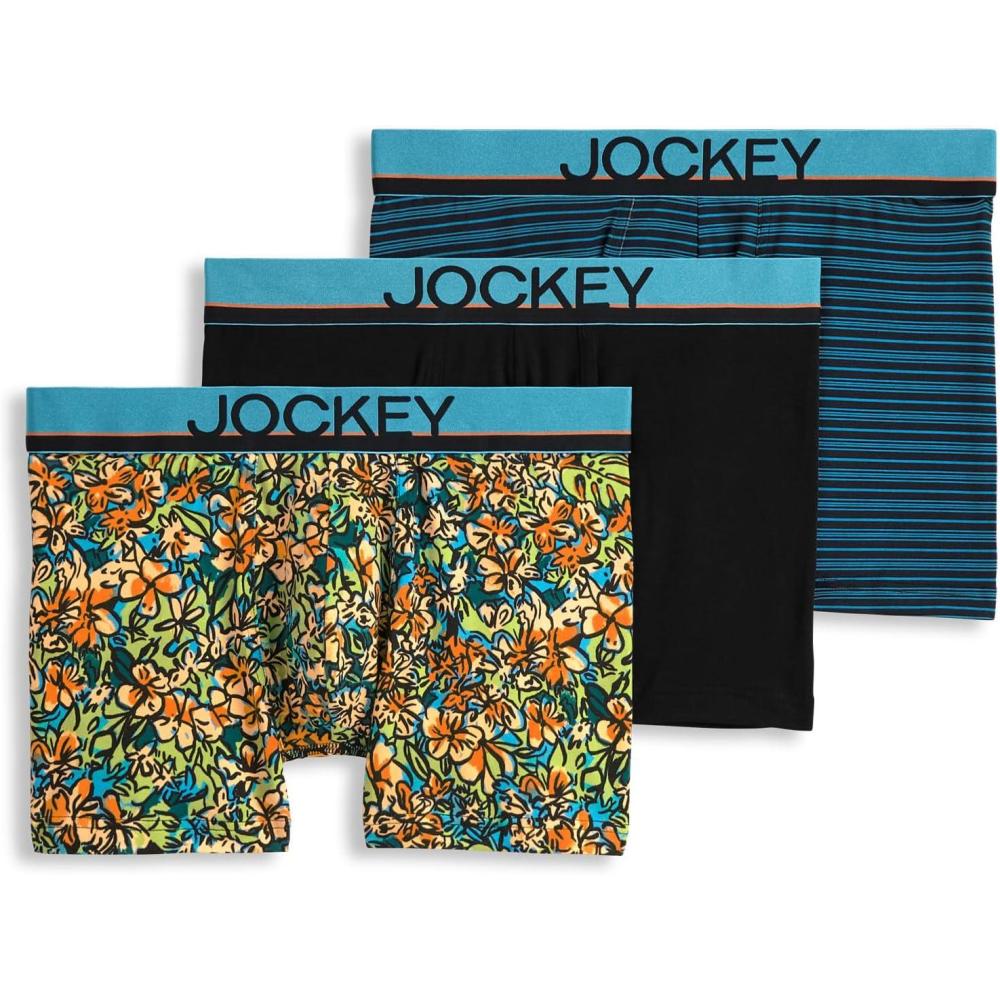 imageJockey Mens Underwear True Style 4quot Trunk 3 PackBright TropicsBlackShoreline Stripe