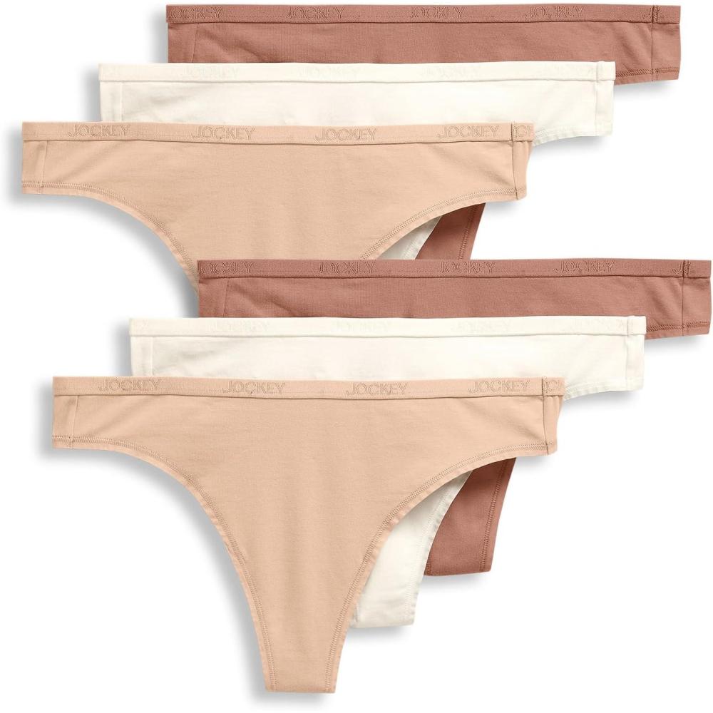 imageJockey Womens Underwear Organic Cotton Stretch Logo Thong  6 PackAlmondLightIvory