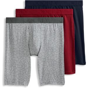 Jockey Men’s Underwear Active Ultra Soft Modal 9″ Long Leg Boxer Brief(Texture Lines/Red Apple/True Navy)
