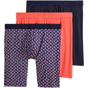 Jockey Men’s Underwear Active Ultra Soft Modal 9″ Long Leg Boxer Brief(True Navy/Glowing Geo/Tropical Coral)