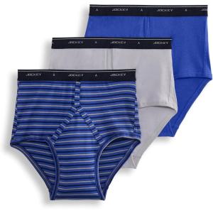 Jockey Mens Underwear Briefs – Classic Full Rise Design, Pack of 3 – Authentic Mens Underwear for Comfort and Quality(Majestic Stripe/Mid Grey/Intense Royal Blue)
