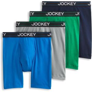 Jockey Men’s Underwear Lightweight Cotton Blend 7″ Long Leg Boxer Brief – 4 Pack(Tropical Blue/Shamrock Green/Quartz Grey/Just Past Midnight)