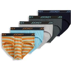 Jockey Men’s Underwear Lightweight Cotton Blend Brief – 5 Pack(Battleship Grey/Solid Grey/Daring Stripe/Caspian Sea/True Navy)