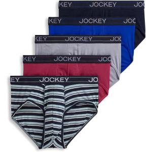 Jockey Men’s Underwear Lightweight Cotton Blend Brief – 5 Pack(Mid Grey/Bluest Blue/Suitable Stripe/True Navy/Red Pear)