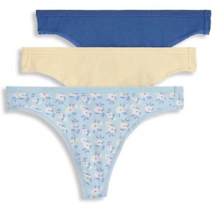 Jockey Women’s Underwear Organic Cotton Stretch Logo Thong – 3 Pack(Bright Blue Blooms/True Blue/Lemon Fizz)