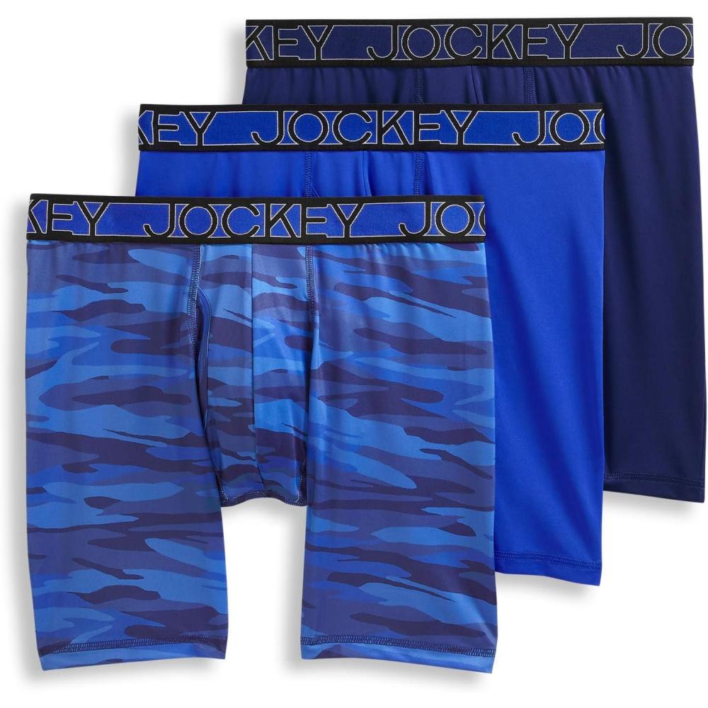 imageJockey Mens Underwear Active Microfiber 9 Long Leg Boxer Brief  3 PackMajestic BlueOceanic CamoBrilliant Blue
