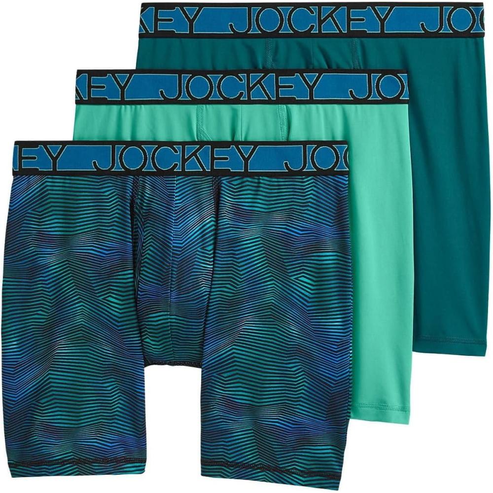 imageJockey Mens Underwear Active Microfiber 9 Long Leg Boxer Brief 3 PackTeal BreezeJagged Cool OmbreDeep Lagoon