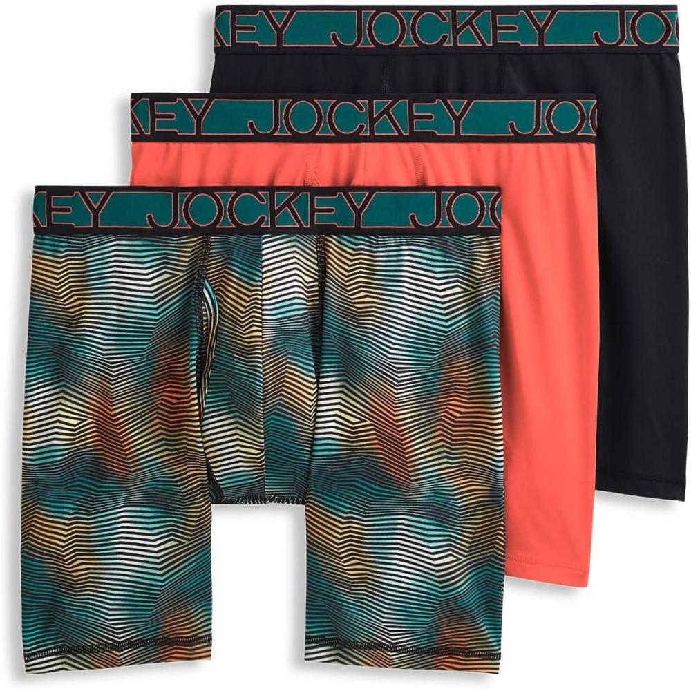 imageJockey Mens Underwear Active Microfiber 9 Long Leg Boxer Brief  3 PackTropical CoralJagged Bayou OmbreBlack