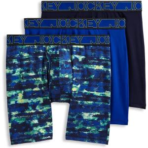 Jockey Men’s Underwear Active Microfiber 9″ Long Leg Boxer Brief – 3 Pack(Bluest Blue/Smoky Stripe Blues/True Navy)