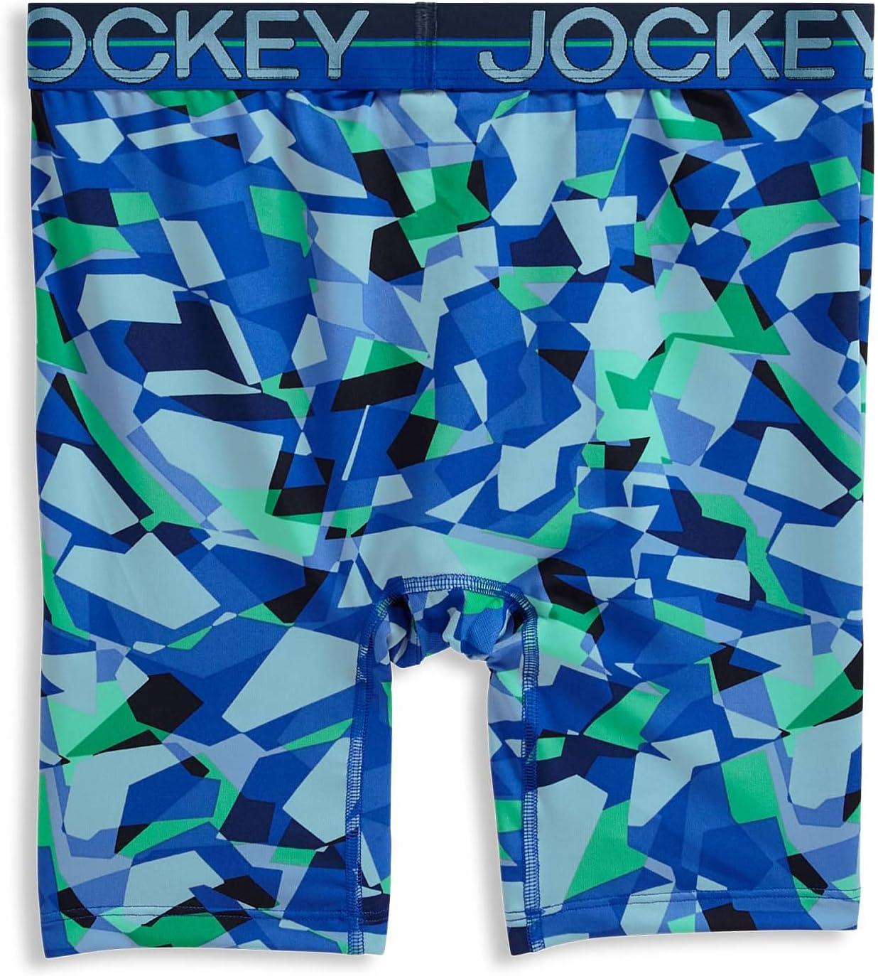 imageJockey Mens Underwear Infinite Cool Microfiber Stretch 8 Long Leg Boxer Brief 3 PackOpaque Geo BluesBluest BlueTrue Navy