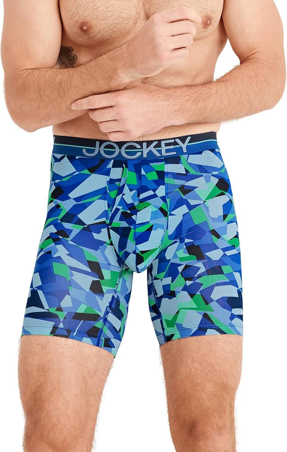 imageJockey Mens Underwear Infinite Cool Microfiber Stretch 8 Long Leg Boxer Brief 3 PackOpaque Geo BluesBluest BlueTrue Navy