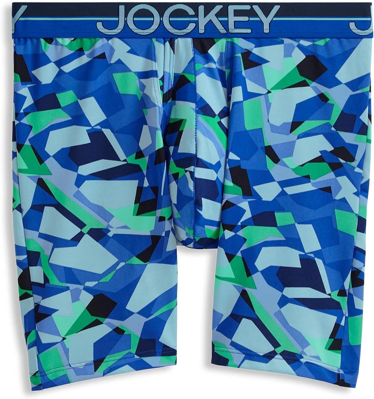 imageJockey Mens Underwear Infinite Cool Microfiber Stretch 8 Long Leg Boxer Brief 3 PackOpaque Geo BluesBluest BlueTrue Navy