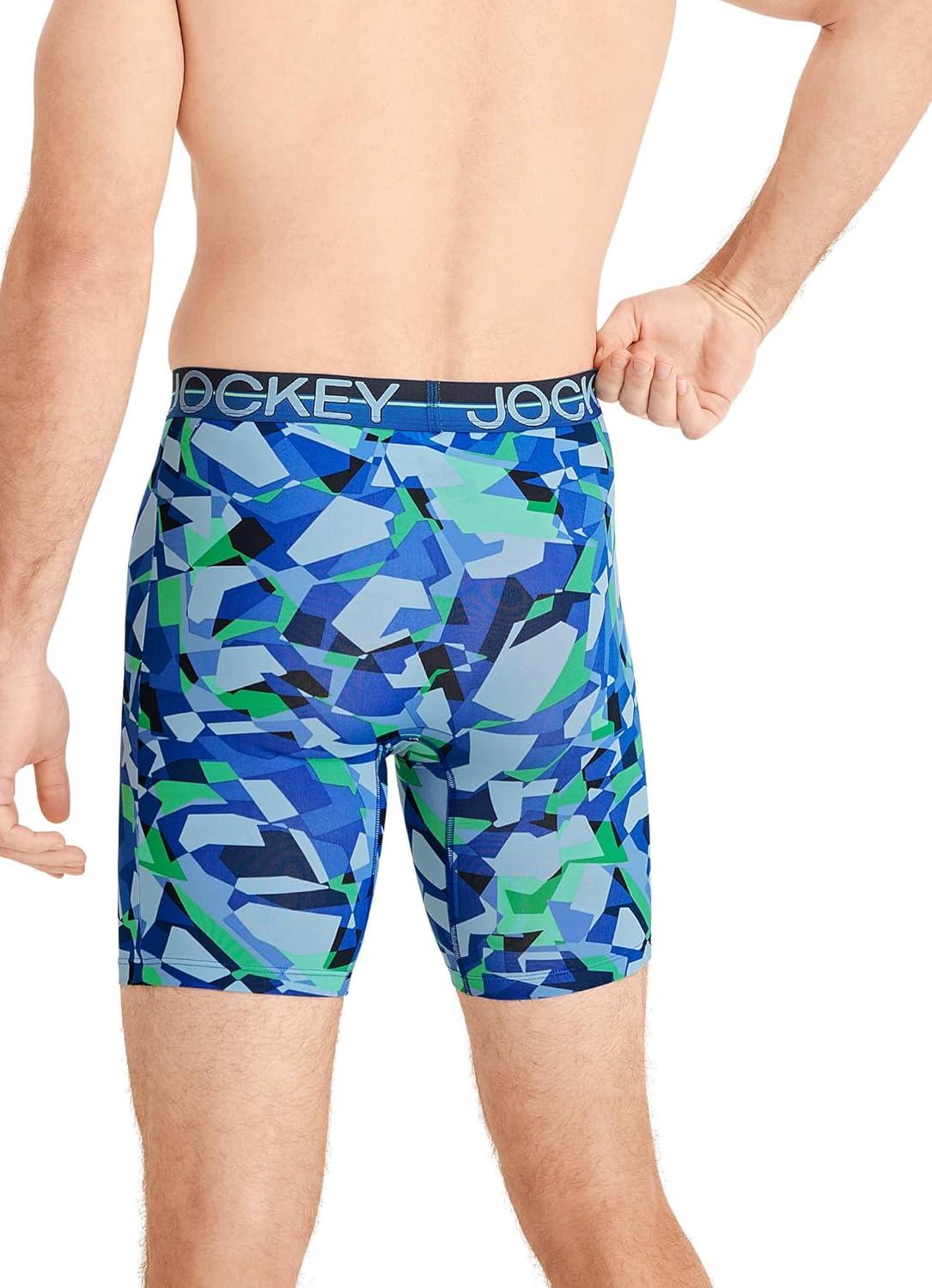 imageJockey Mens Underwear Infinite Cool Microfiber Stretch 8 Long Leg Boxer Brief 3 PackOpaque Geo BluesBluest BlueTrue Navy