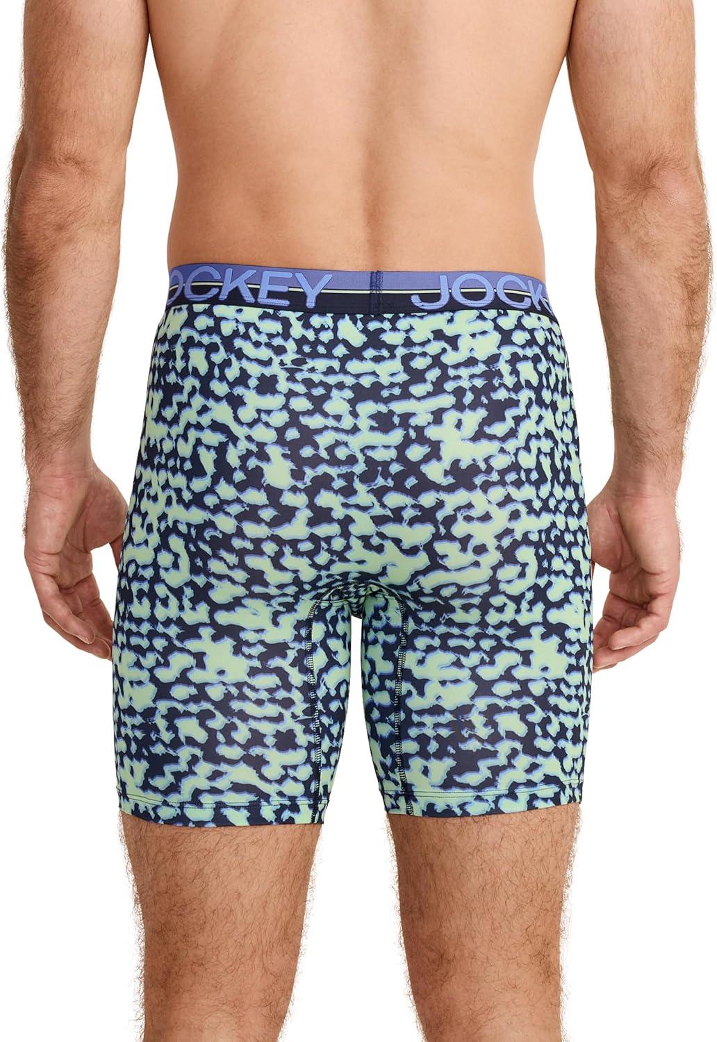 imageJockey Mens Underwear Infinite Cool Microfiber Stretch 8 Long Leg Boxer Brief 3 PackStumbling StencilsTrue NavyFuture Dusk