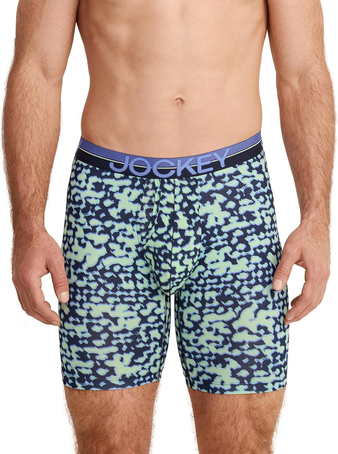 imageJockey Mens Underwear Infinite Cool Microfiber Stretch 8 Long Leg Boxer Brief 3 PackStumbling StencilsTrue NavyFuture Dusk