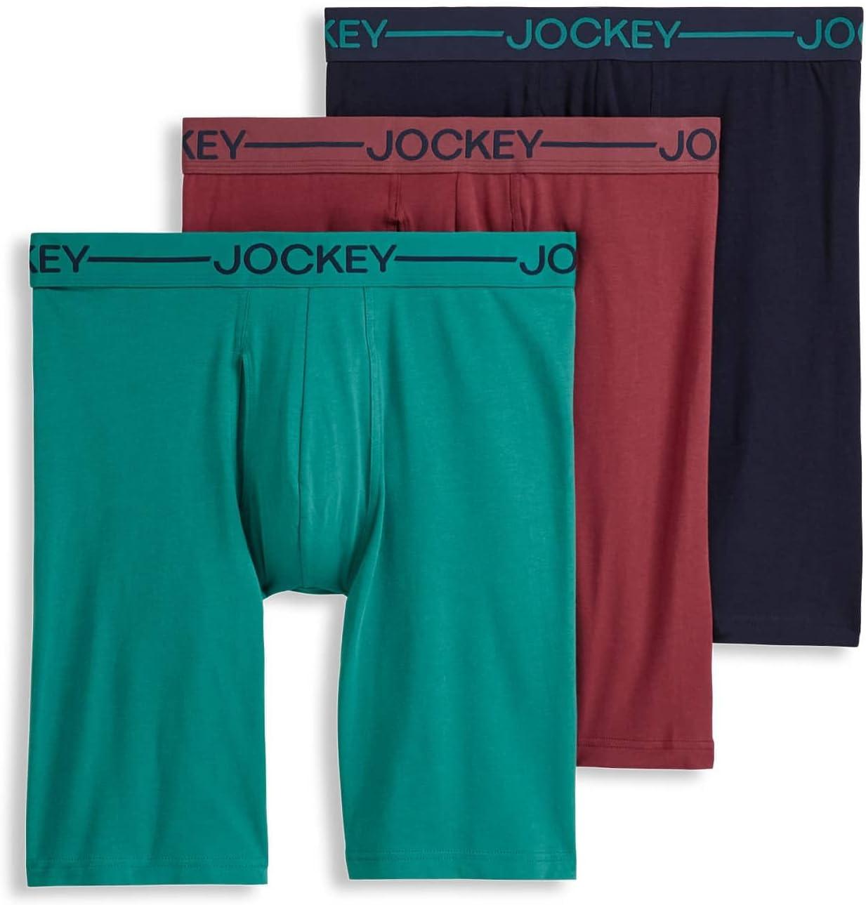 imageJockey Mens Underwear Organic Cotton Stretch 95 Long Leg Boxer Brief 3 PackBayouTrue NavyLeather Red