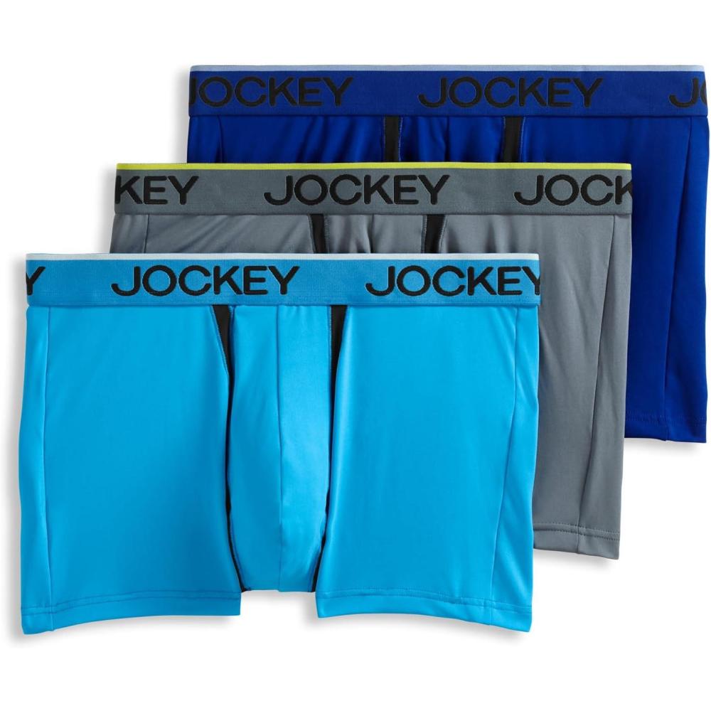 imageJockey Mens Underwear Chafe Proof Pouch Microfiber 3 Trunk 3 PackBright AquaIron GreyBlue Jay