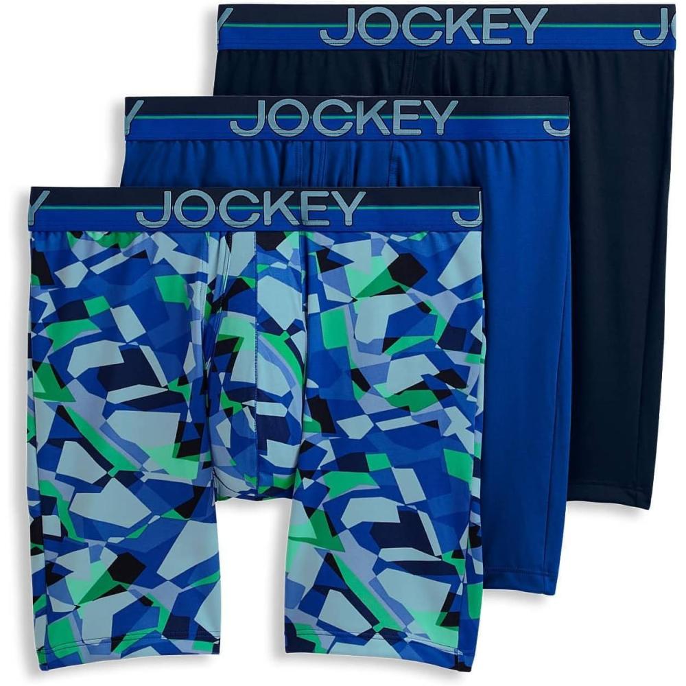 imageJockey Mens Underwear Infinite Cool Microfiber Stretch 8 Long Leg Boxer Brief 3 PackOpaque Geo BluesBluest BlueTrue Navy