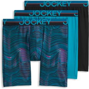 Jockey Men’s Underwear Infinite Cool Microfiber Stretch 8″ Long Leg Boxer Brief – 3 Pack(Northern Light/Underwater Wave/Black)