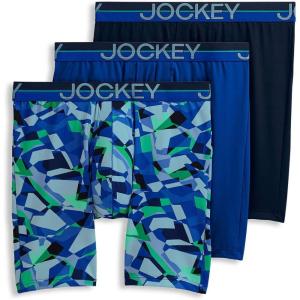 Jockey Men’s Underwear Infinite Cool Microfiber Stretch 8″ Long Leg Boxer Brief – 3 Pack(Opaque Geo Blues/Bluest Blue/True Navy)