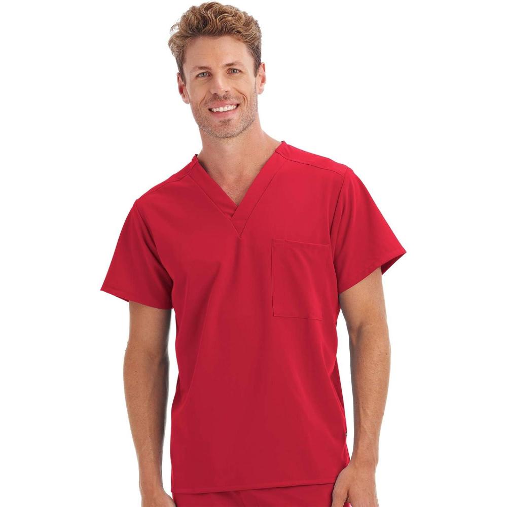 imageJockey Unisex Scrubs Classic Unisex One Pocket Stretch Scrub TopRed