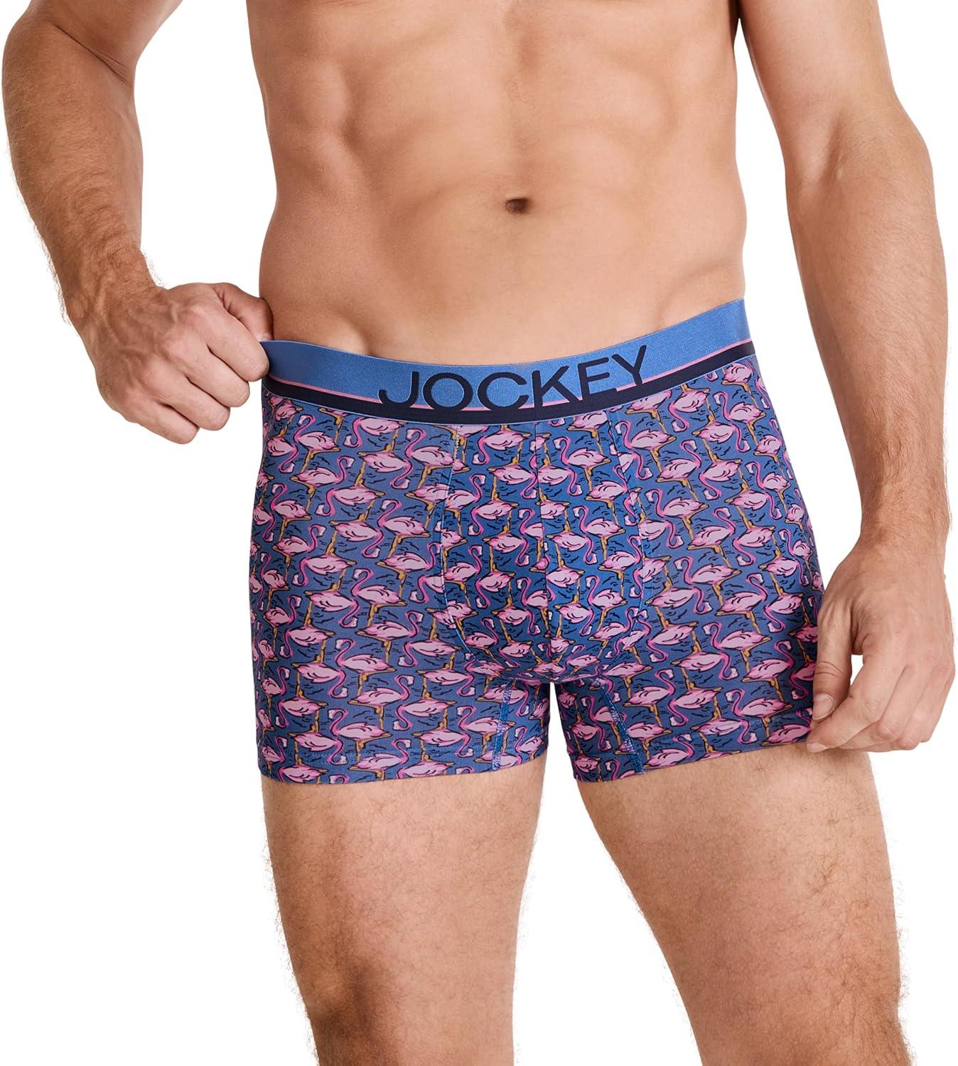 imageJockey Mens Underwear True Style 4 Trunk 3 PackFlamingo GeoTrue NavyDetail Stripe