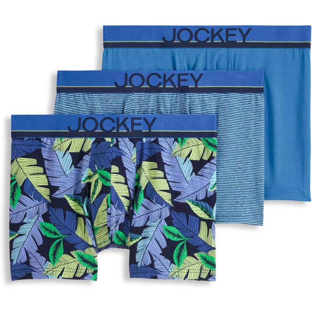 imageJockey Mens Underwear True Style 4 Trunk 3 PackFanning FloraTrue BlueFrolic Stripe