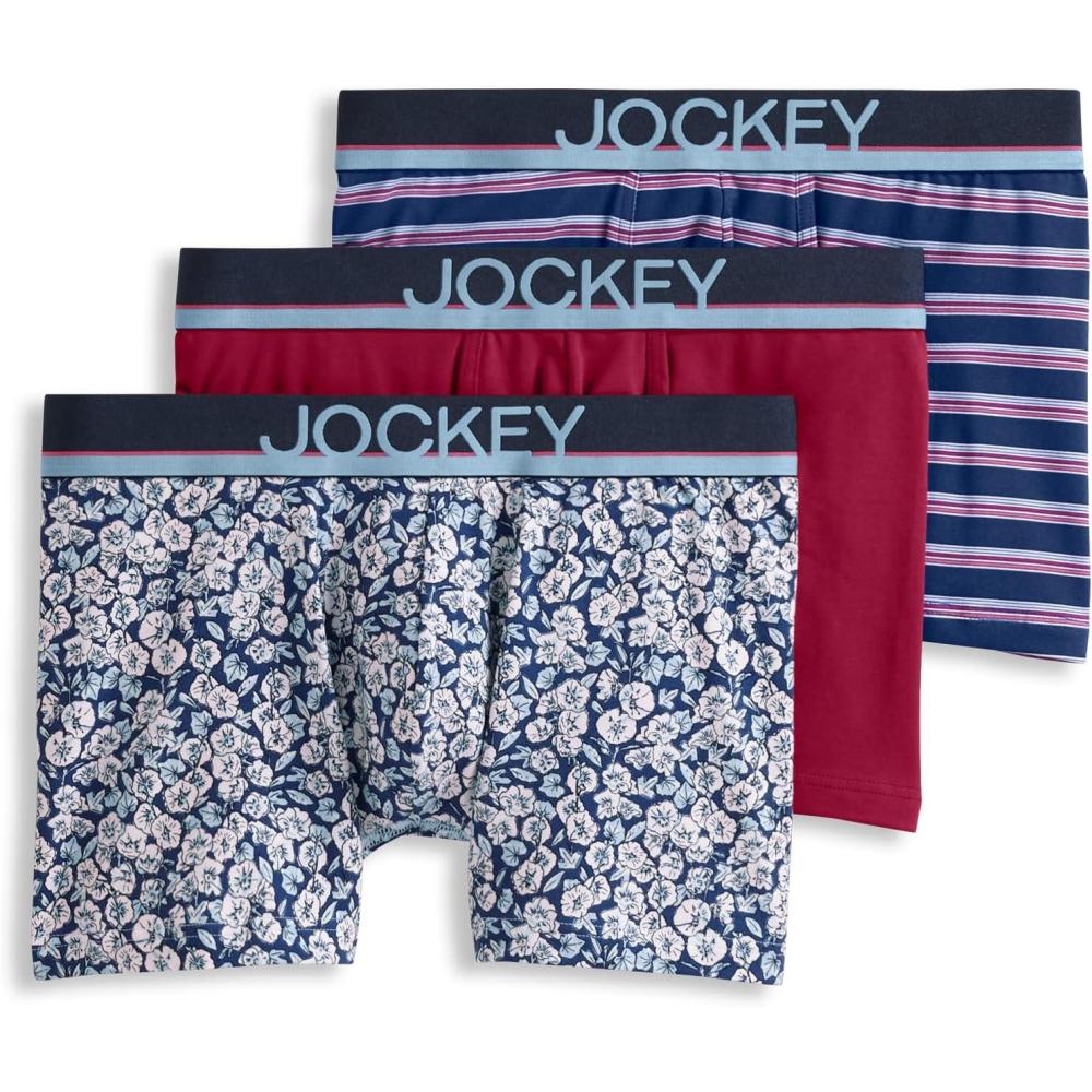 imageJockey Mens Underwear True Style 4 Trunk  3 PackFunky Marina FloralRed PearSoft Blue Fall Stripe