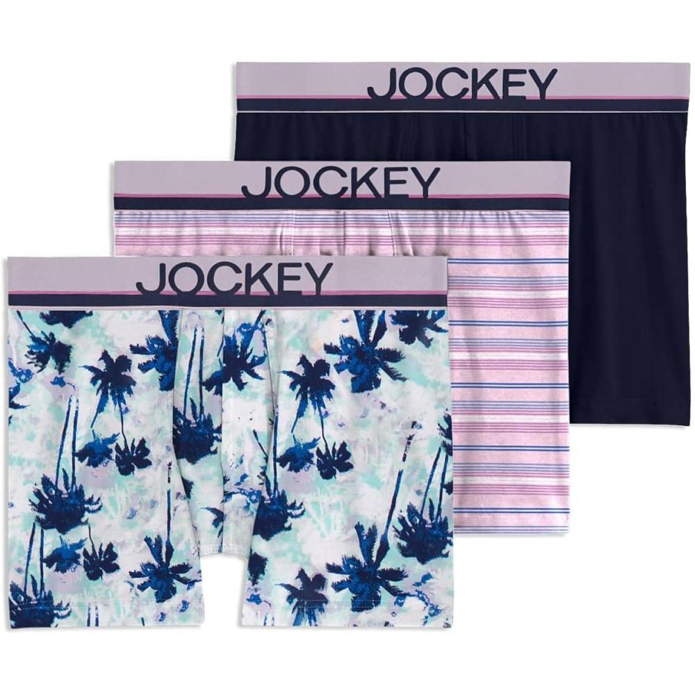 imageJockey Mens Underwear True Style 4 Trunk 3 PackTeal Ocean PalmsTrue NavyVacation Stripe