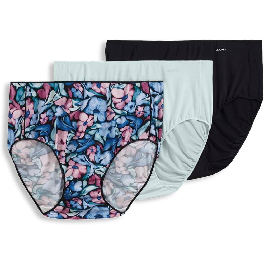 imageJockey No Panty Line Promise Tactel Hip Brief 3PackWavy Floral MauveSubtle MintBlack