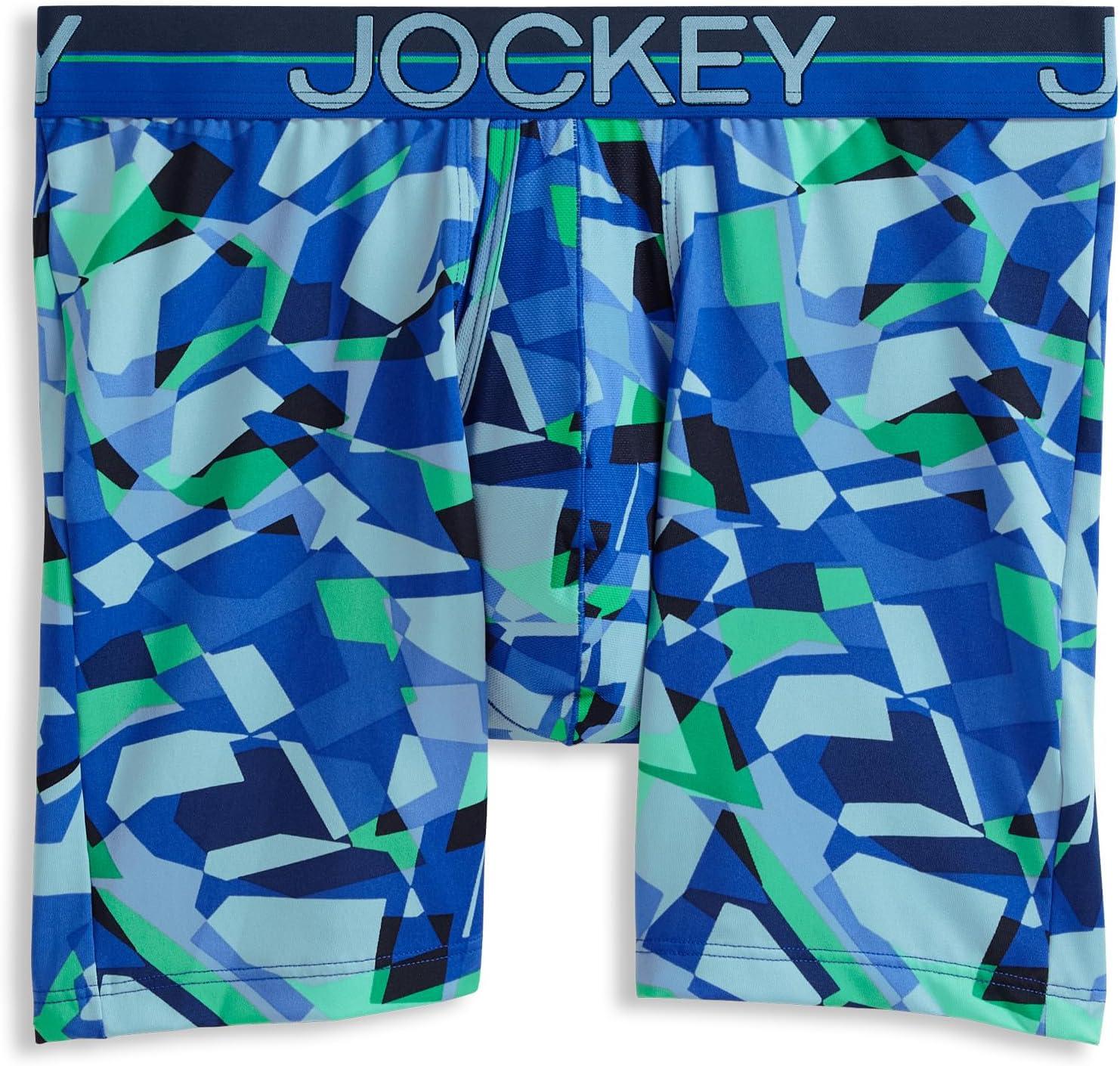 imageJockey Mens Underwear Infinite Cool Microfiber Stretch 6 Boxer Brief 3 PackOpaque Geo BluesBluest BlueTrue Navy