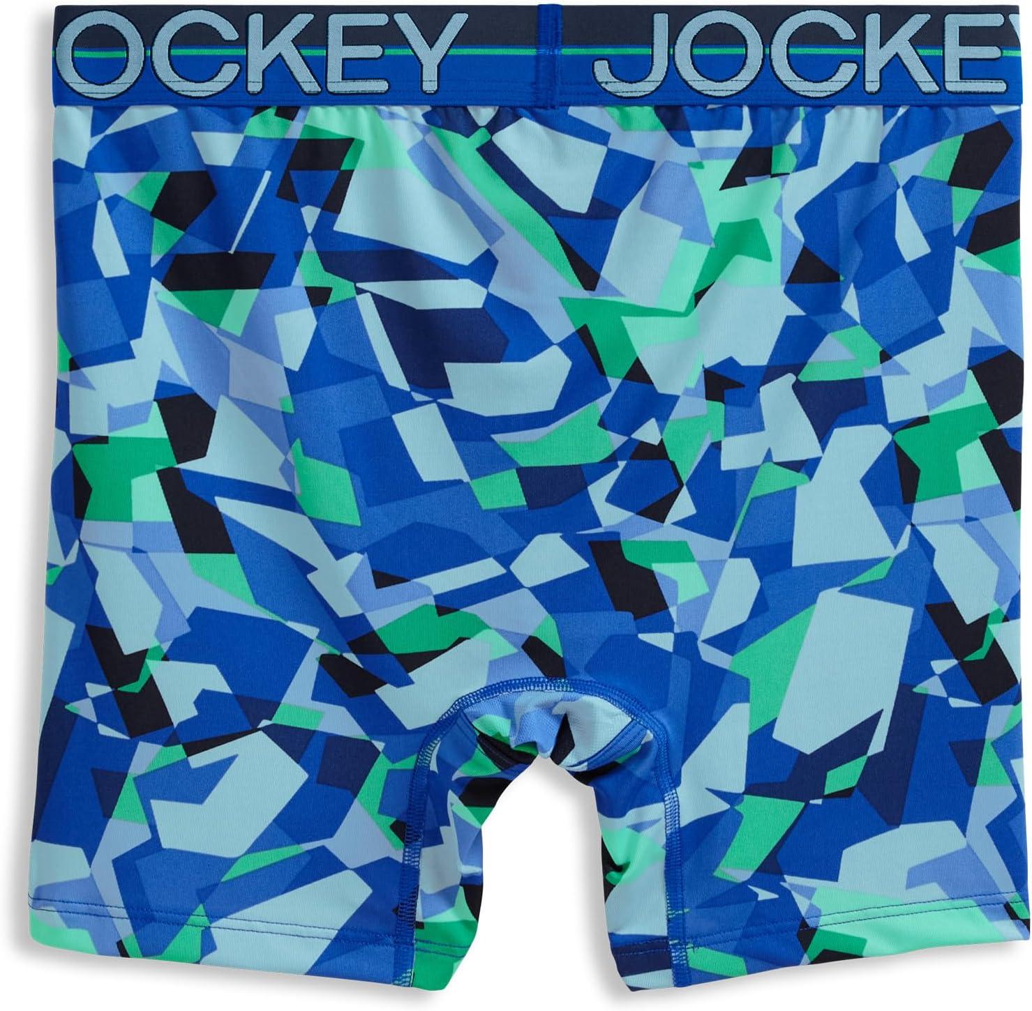 imageJockey Mens Underwear Infinite Cool Microfiber Stretch 6 Boxer Brief 3 PackOpaque Geo BluesBluest BlueTrue Navy