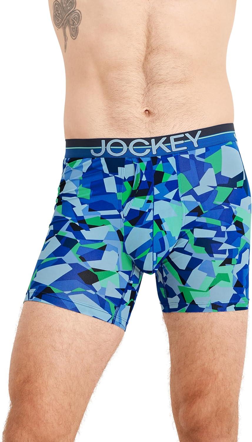 imageJockey Mens Underwear Infinite Cool Microfiber Stretch 6 Boxer Brief 3 PackOpaque Geo BluesBluest BlueTrue Navy