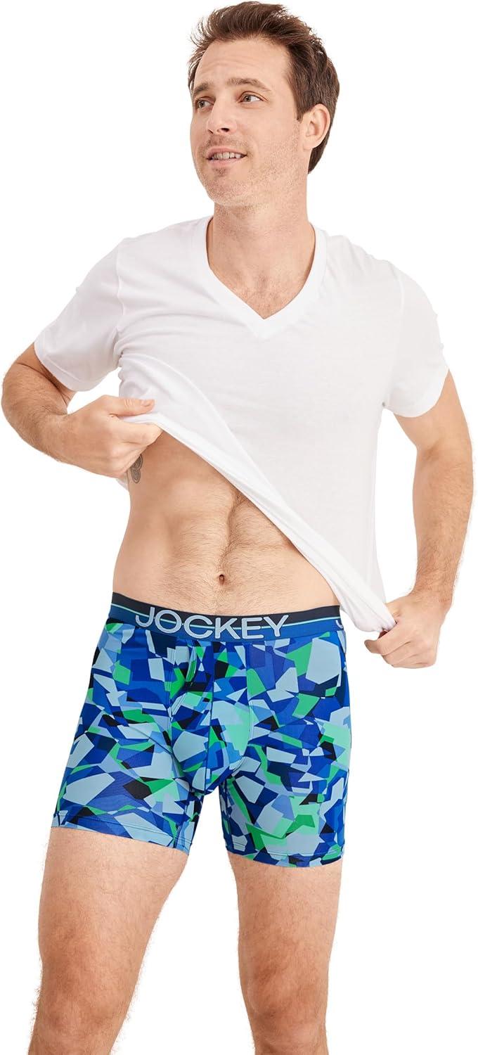 imageJockey Mens Underwear Infinite Cool Microfiber Stretch 6 Boxer Brief 3 PackOpaque Geo BluesBluest EyeTrue Navy