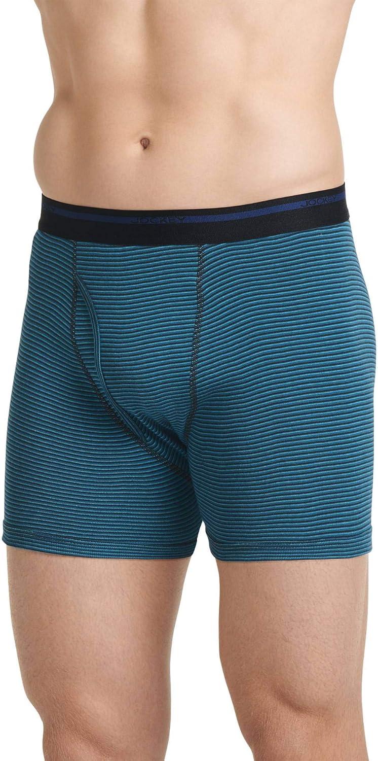 imageJockey Mens Underwear Lightweight Classic 5 Boxer Brief 3 PackBlackTeal StripeRich Blue