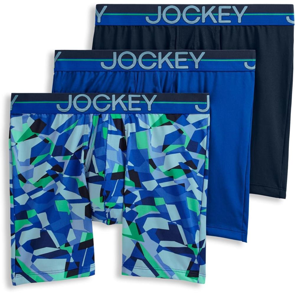 imageJockey Mens Underwear Infinite Cool Microfiber Stretch 6 Boxer Brief 3 PackOpaque Geo BluesBluest EyeTrue Navy