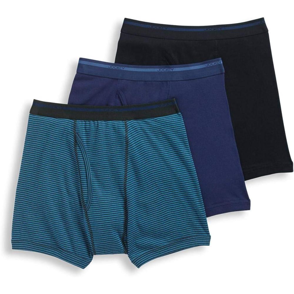 imageJockey Mens Underwear Lightweight Classic 5 Boxer Brief  3 PackBlackTeal StripeRich Blue
