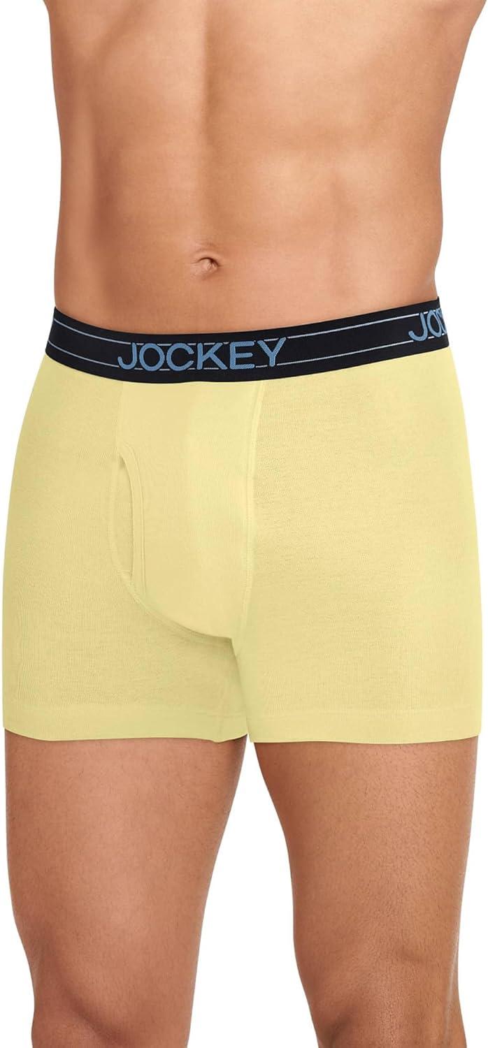 imageJockey Mens Underwear Lightweight Cotton Blend 5 Boxer Brief 4 PackLight YellowBlue ChambrayGentle StripeTrue Navy